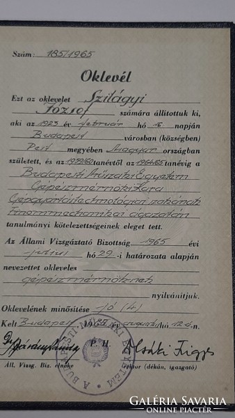 Diploma, Faculty of Mechanical Engineering, Budapest Technical University, 1965