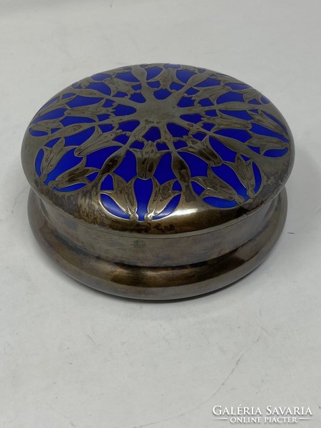 Art Nouveau cobalt blue porcelain bonbonier with silver overlay