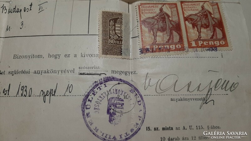 Születési anyakönyvi kivonat 1930 Budapest VIII. ker
