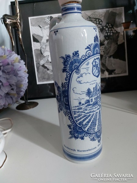 Tall, hand-painted Dutch Delft faience bottle, with original stopper, 30 cm high