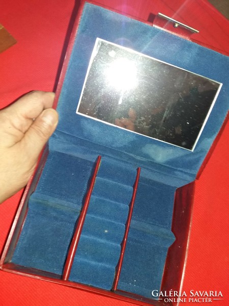 Régi piros műbőr ékszertartó doboz belül kék bársony + tükör 16 X 14 X 4 cm a képek szerint