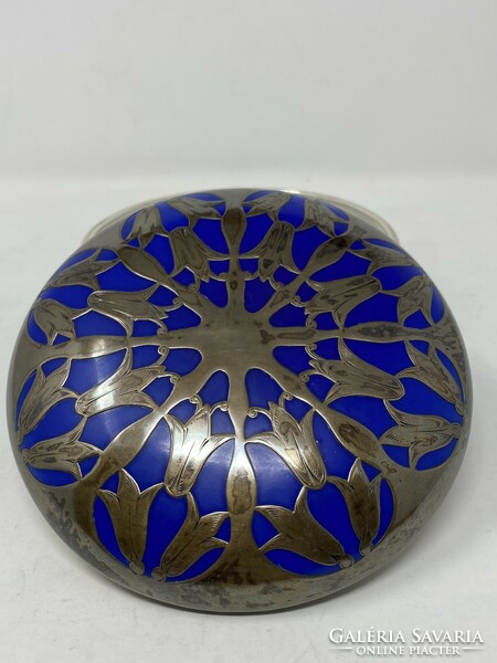 Szecessziós ezüst rátétes kobalt kék porcelán bonbonier