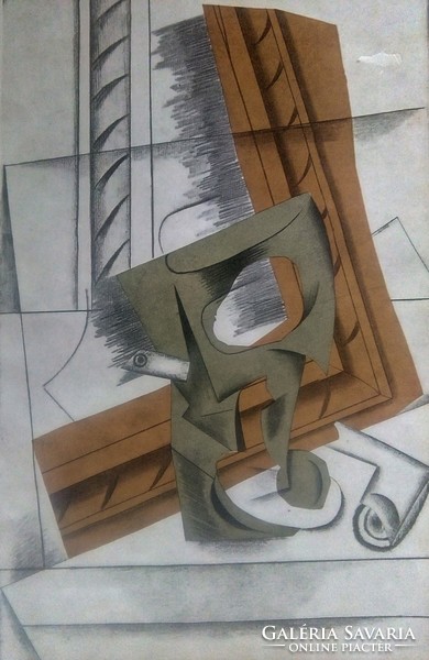 Pablo Picasso 'Pipe et verre sur une table' kubista kollázs, eredeti litográfia 1914 ultraritka!