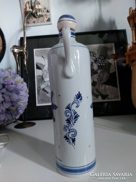 Magas, kézzel festett holland, delfti fajansz palack, eredeti dugójával, 30 cm magas