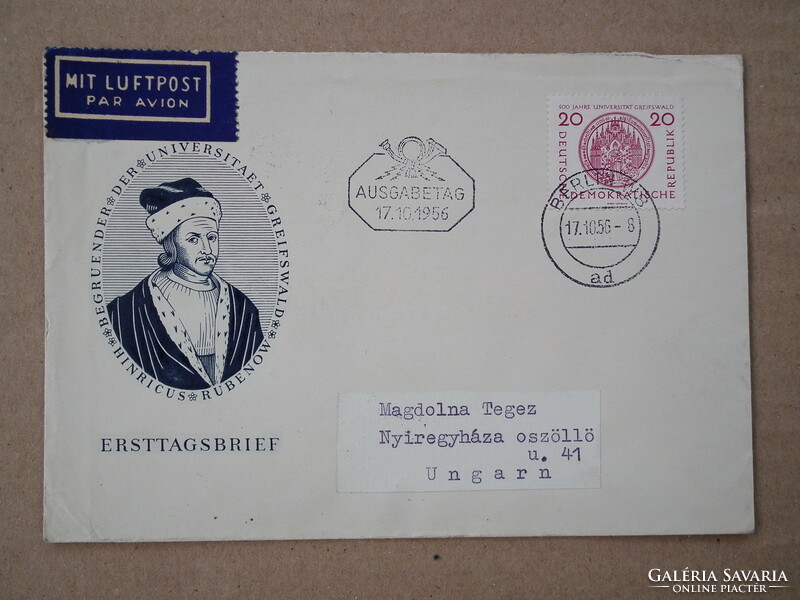 1956. Ndk, used fdc airmail - 500 years of the University of Greifswald + Schumann stamp (approx. HUF 870+)