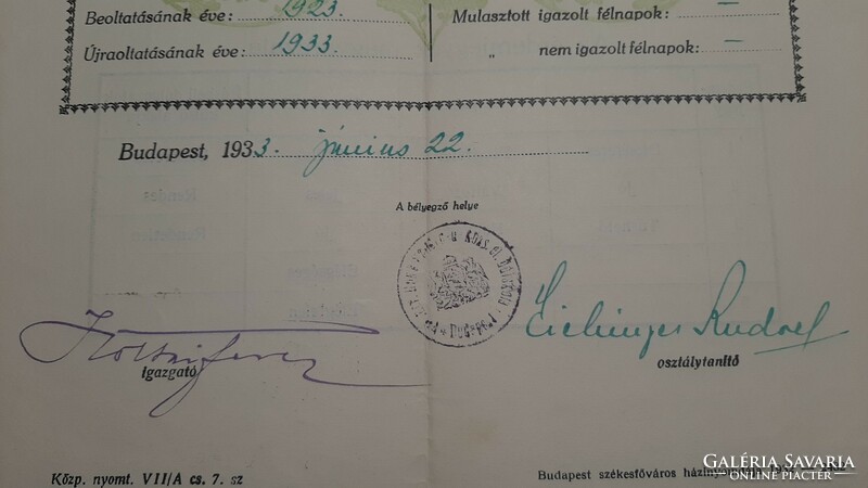 Elemi Népiskolai Bizonyítvány  1933 Budapest