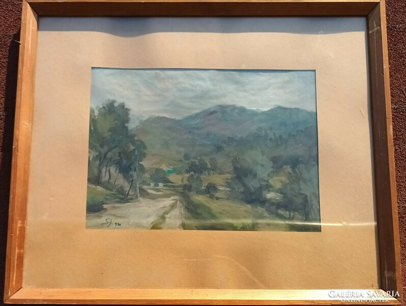 Watercolor painting by János Shadl - a remnant of a gallery label on the back