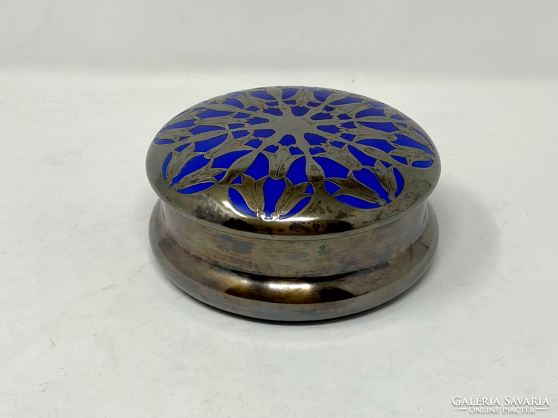 Art Nouveau cobalt blue porcelain bonbonier with silver overlay