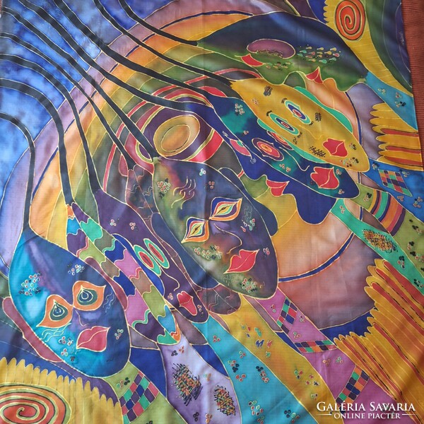 Selyem kendő, Klimt stílus, kézzel szegett, kézzel festett, arany kontúros. Egyedi alkotás ( nagy(