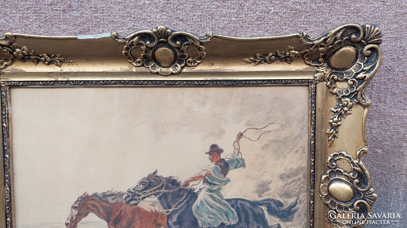 Signed by István Benyovszky, equestrian etching in blonde picture frame, 58.5x73.5 cm