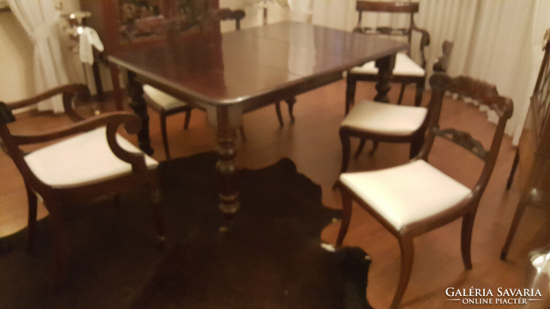 Antique mahogany English baroque folding dining table with 6 chairs 102x102x76cm