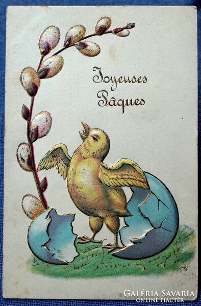Antik dombornyomott Húsvéti  üdvözlő képeslap tojásból kikelő csibe  barka