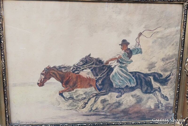 Benyovszky István jelzett, lovas rézkarc blondel képkeretben, 58,5x73,5 cm