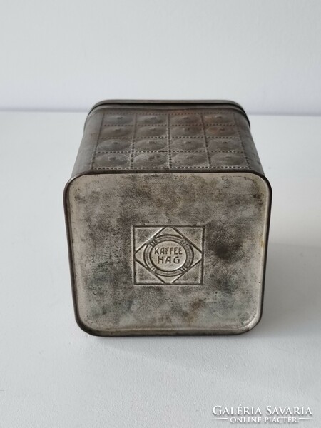 Antik HAG kávés dombornyomott pléh doboz , nagyon szép patinával