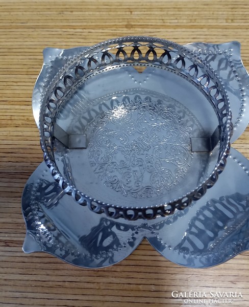 Flower-shaped metal base and blue glass bowl