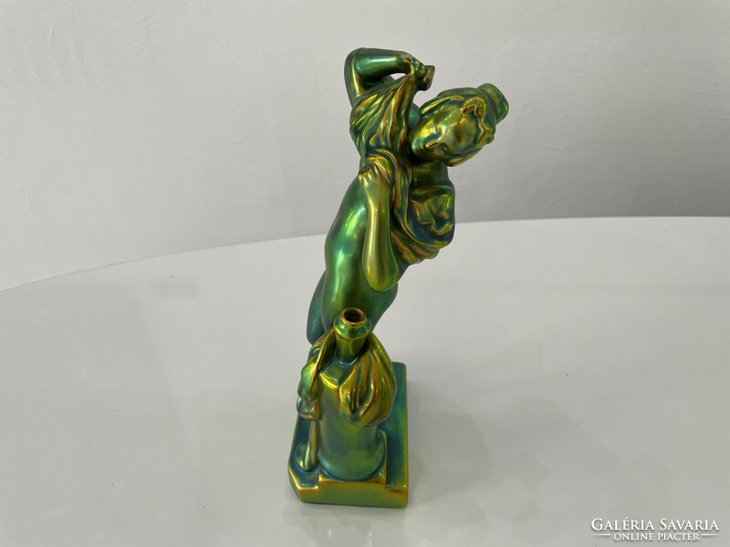 Zsolnay eozin female figure statue nude with jug and vase, antique