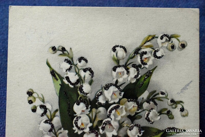 Régi glitteres üdvözlő képeslap gyöngyvirág csokor  domború betűk