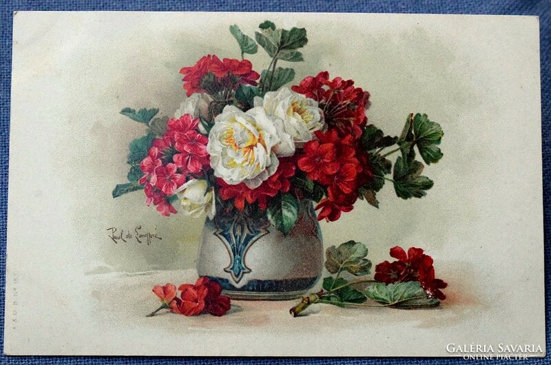 Antique artist litho postcard still life with geraniums in a vase