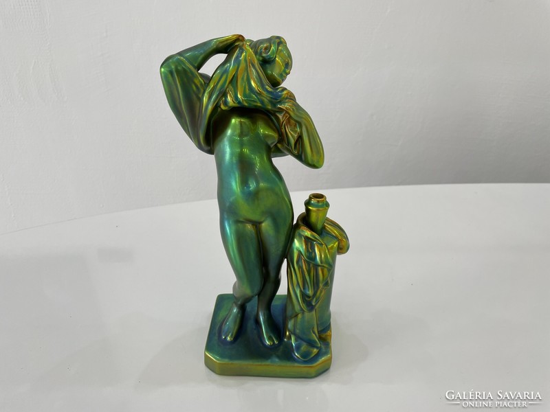 Zsolnay eozin female figure statue nude with jug and vase, antique