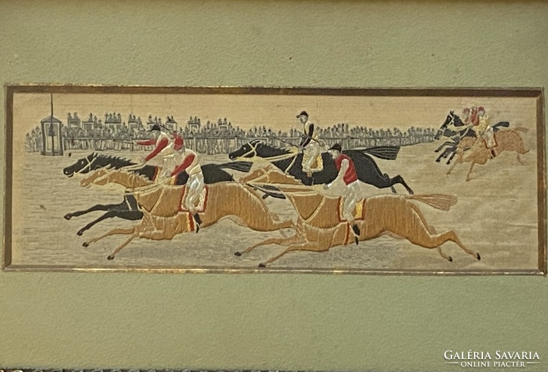Horse race antique handwork in original frame