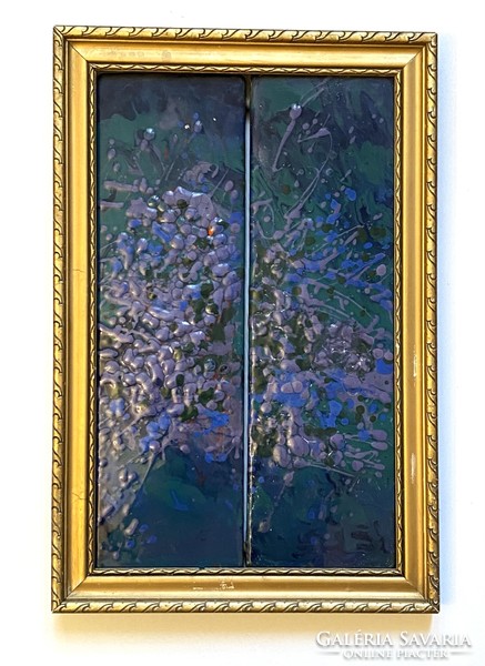 2 Purple colored abstract painted enamel wall pictures each 48 x 14.5 Cm + frame