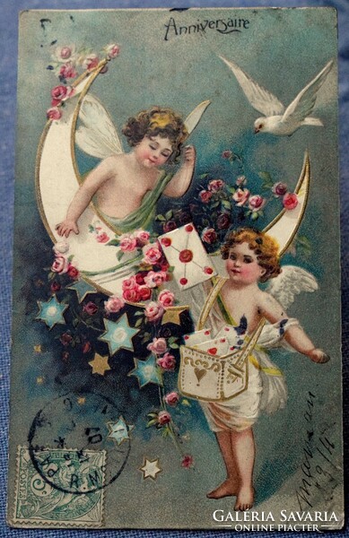 Antik dombornyomott  üdvözlő képeslap angyalkák hold arany csillag rózsa
