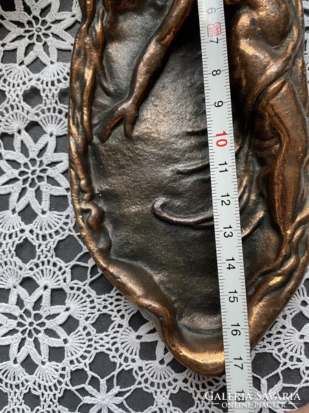 Régi szecessziós kis fém tálka női akt, névjegykártya tartó, bronz
