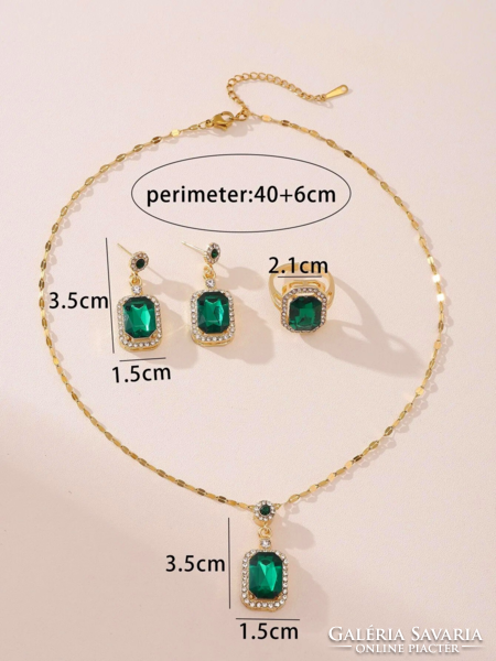 Zöld kristályos ékszer szett, nyaklánc-gyűrű- fülbevaló 87