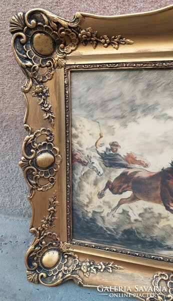 Benyovszky István jelzett, lovas rézkarc blondel képkeretben, 58x73 cm