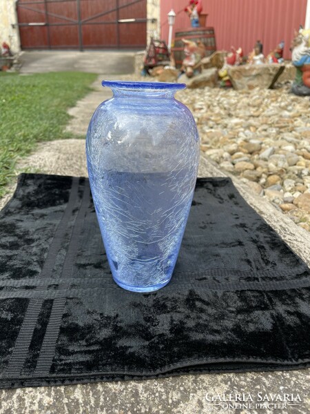 Retro ritkább kék váza repesztett Gyönyörű  Fátyolüveg fátyol karcagi berekfürdői üveg
