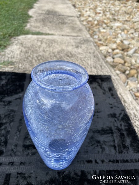 Retro ritkább kék váza repesztett Gyönyörű  Fátyolüveg fátyol karcagi berekfürdői üveg