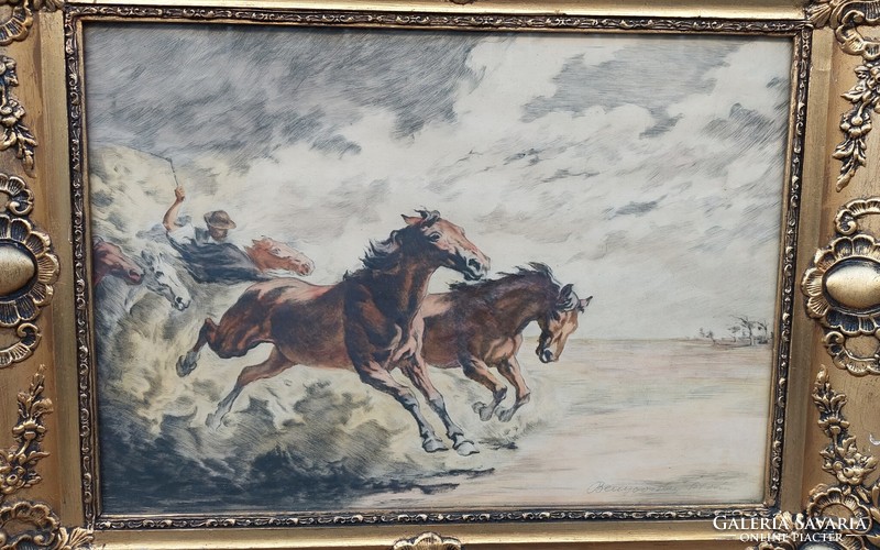 Signed by István Benyovszky, equestrian etching in blonde picture frame, 58x73 cm