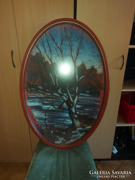 Noise on the river, pastel painting, nest size 60x90 cm, in an oval, glazed frame