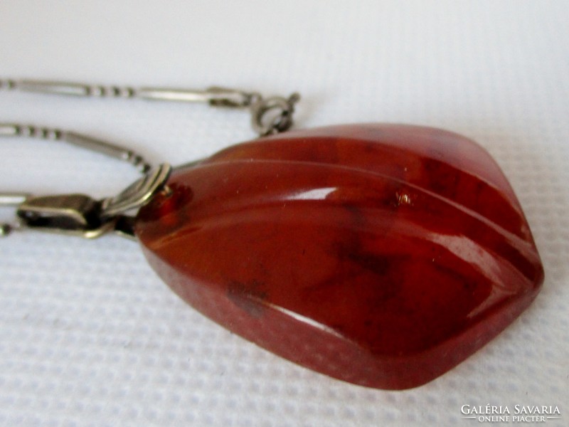 Beautiful antique Russian carved amber silver pendant on a long silver necklace