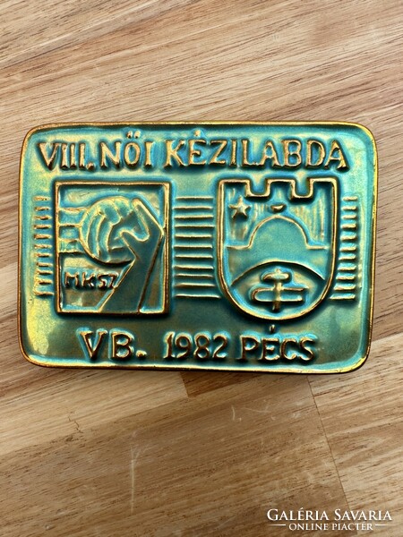 Zsolnay eosin glazed plaque - women's handball WC. 1982 Pécs