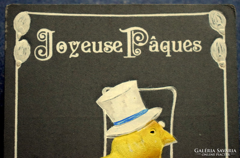 Antique embossed Easter greeting card with a chick top hat and trinkets