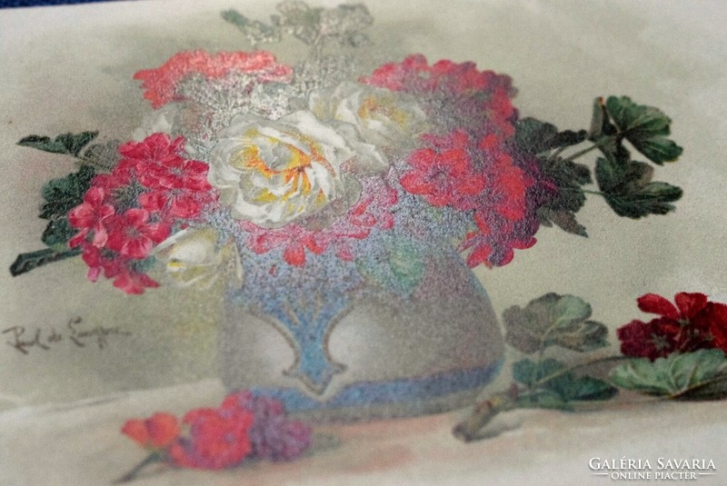 Antik művész litho képeslap muskátli rózsa vázában  csendélet