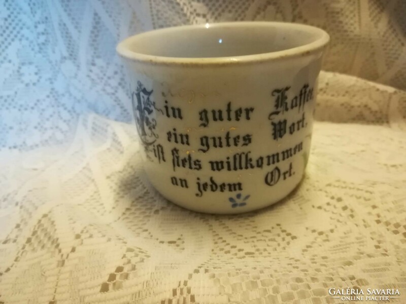 Large, thick-walled porcelain mug with German inscription