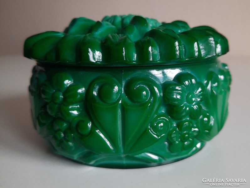 Art deco malachite cast glass bonbonier, curt schlevogt bonbon holder, box