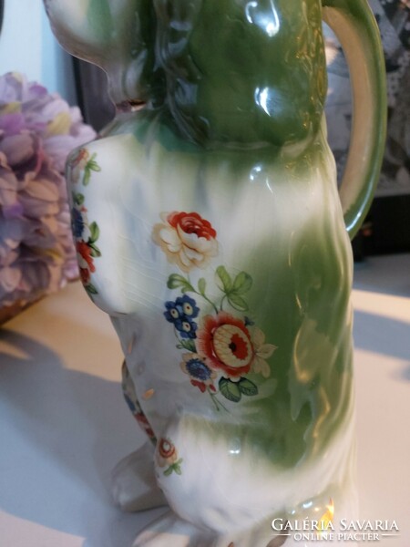 Very rare, English, dog-shaped, tall ceramic, decorated with flowers, earthenware jug 25.5 cm