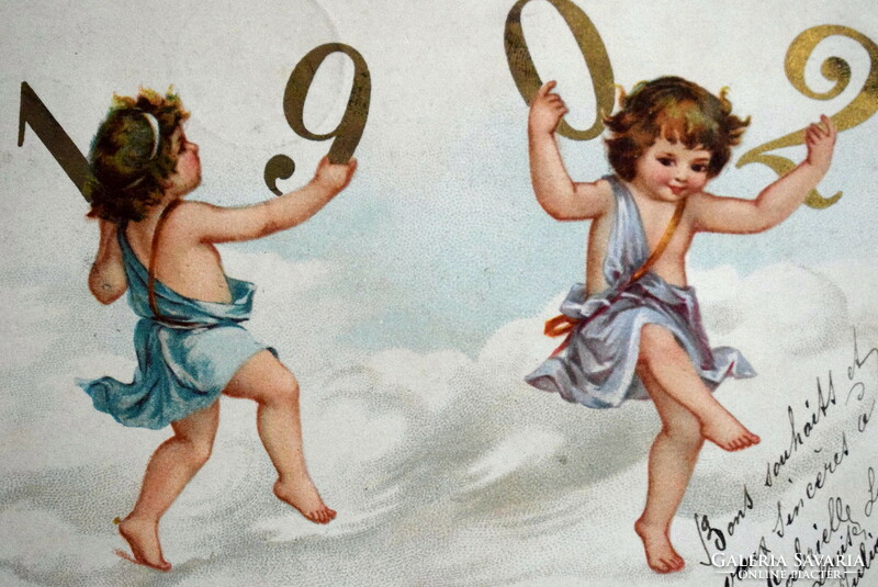 Antique New Year greeting litho postcard gold 1902. Little children dancing with years