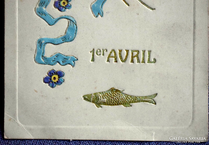 Antique embossed greeting card stylized flower gold fish April 1.