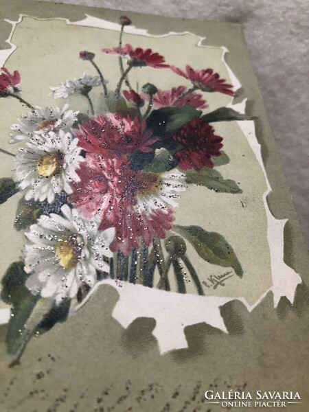 Antik Chatarina Klein litho virágos képeslap                  -3.