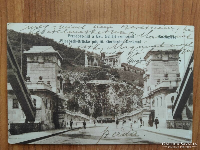 Antique postcard, Budapest, Erzsébet Bridge, St. Gellért with statue, stamp 1913