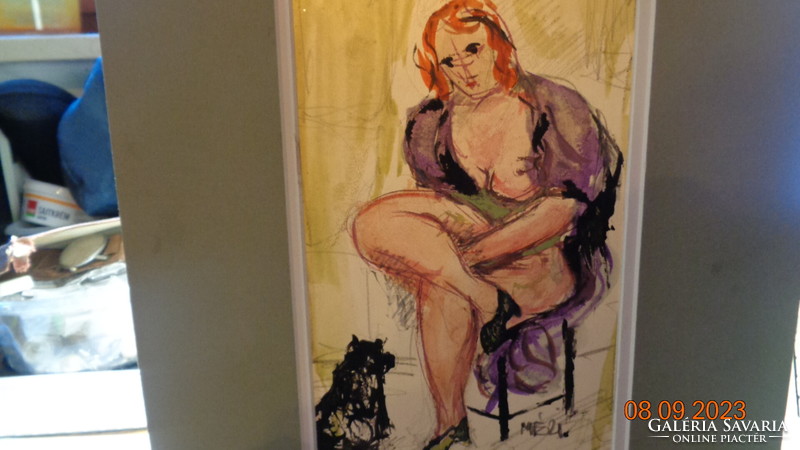 Lady with a dog, signed by Mez, from the 60s, cardboard mixed media 12 x 20 cm