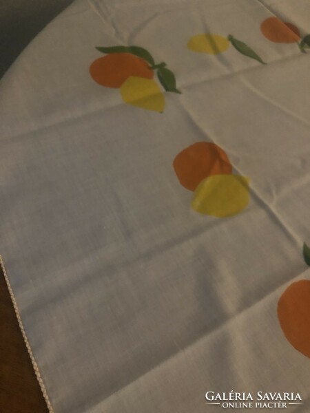 Lemon, orange on the table!. Tablecloth, table centerpiece