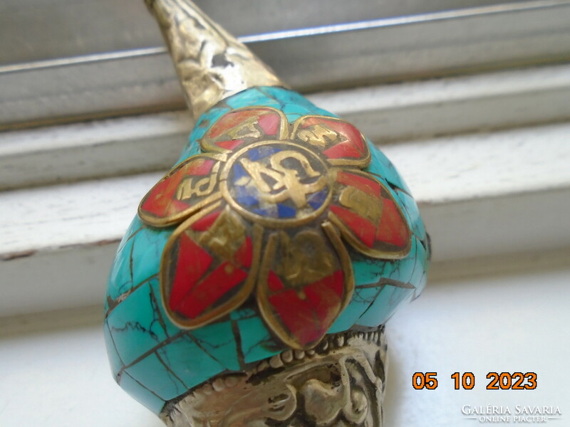 Tibetan talisman with silver and turquoise covering, applied bronze Buddhist symbols with coral and lapis stones