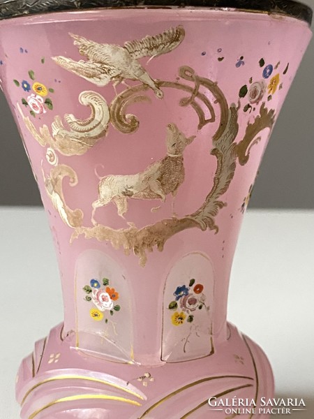 1840 A painted Biedermeier glass with dog and bird decoration