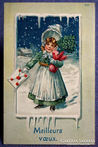 Antik dombornyomott  Újévi üdvözlő képeslap kisleány téli táj 4levelű lóhere boríték
