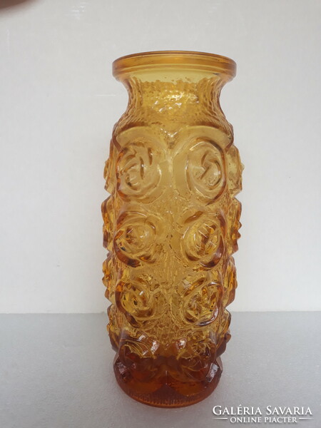 Vintage Laura Glassworks virágos borostyán színű üveg váza